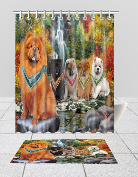 Scenic Waterfall Chow Chow Dogs Bath Mat and Shower Curtain Combo