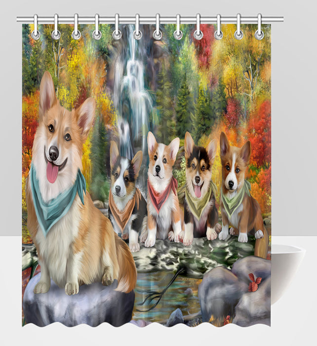 Scenic Waterfall Corgi Dogs Shower Curtain