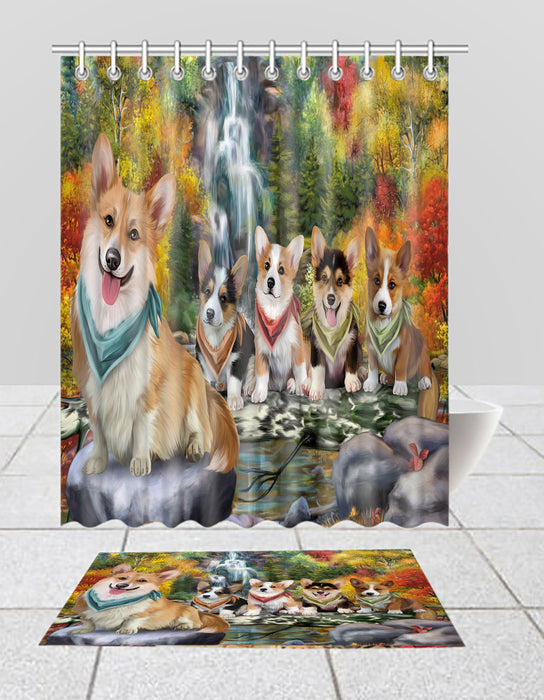 Scenic Waterfall Corgi Dogs Bath Mat and Shower Curtain Combo