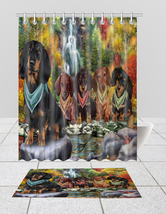 Scenic Waterfall Dachshund Dogs Bath Mat and Shower Curtain Combo