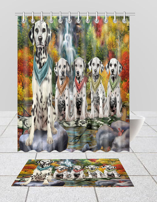 Scenic Waterfall Dalmatian Dogs Bath Mat and Shower Curtain Combo