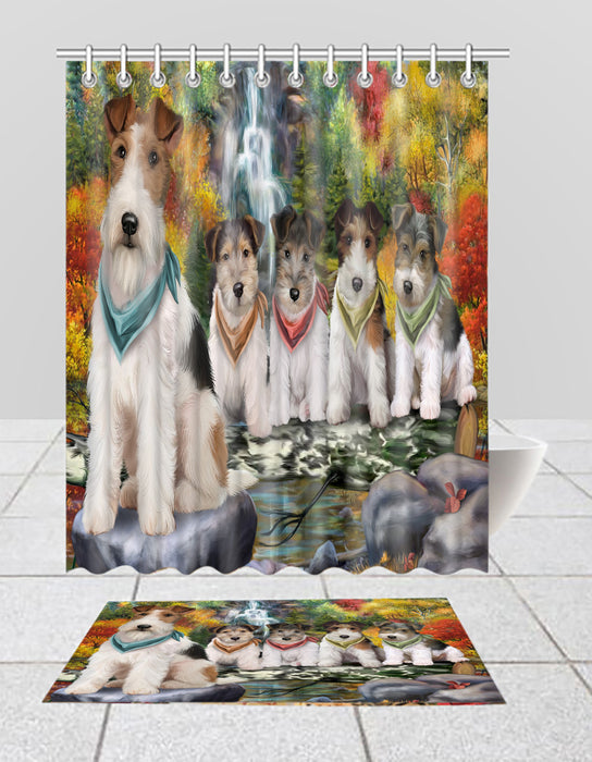 Scenic Waterfall Fox Terrier Dogs Bath Mat and Shower Curtain Combo