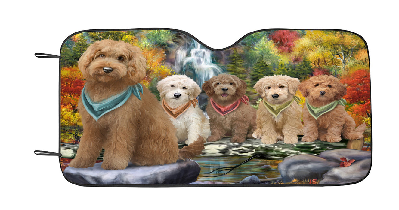 Scenic Waterfall Goldendoodle Dogs Car Sun Shade