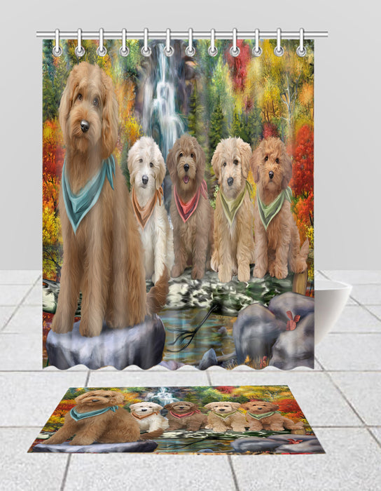 Scenic Waterfall Goldendoodle Dogs Bath Mat and Shower Curtain Combo