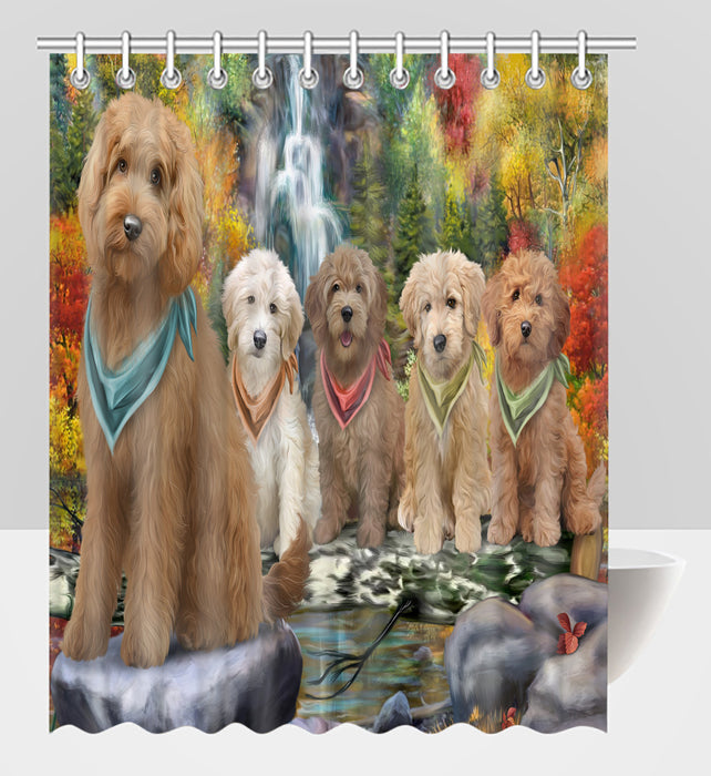 Scenic Waterfall Goldendoodle Dogs Shower Curtain