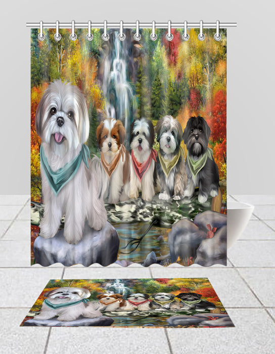 Scenic Waterfall Lhasa Apso Dogs Bath Mat and Shower Curtain Combo
