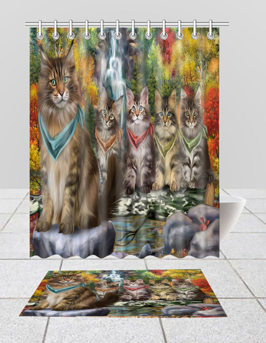 Scenic Waterfall Maine Coon Cats Bath Mat and Shower Curtain Combo