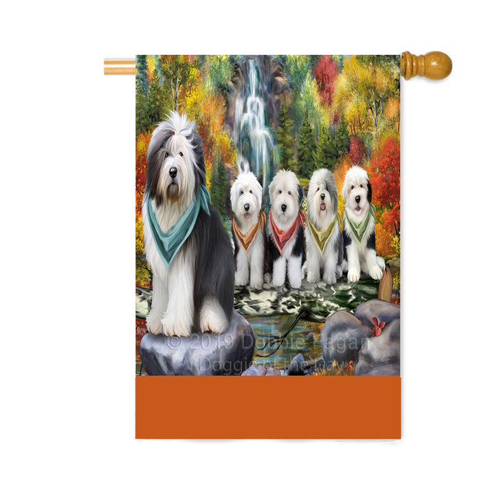 Personalized Scenic Waterfall Old English Sheepdogs Custom House Flag FLG-DOTD-A61116