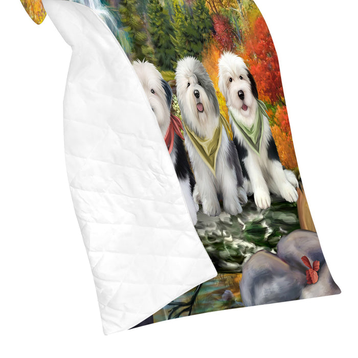 Scenic Waterfall Old English Sheepdogs Quilt