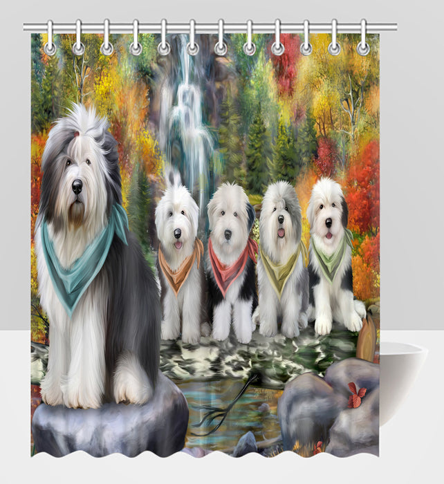 Scenic Waterfall Old English Sheepdogs Shower Curtain
