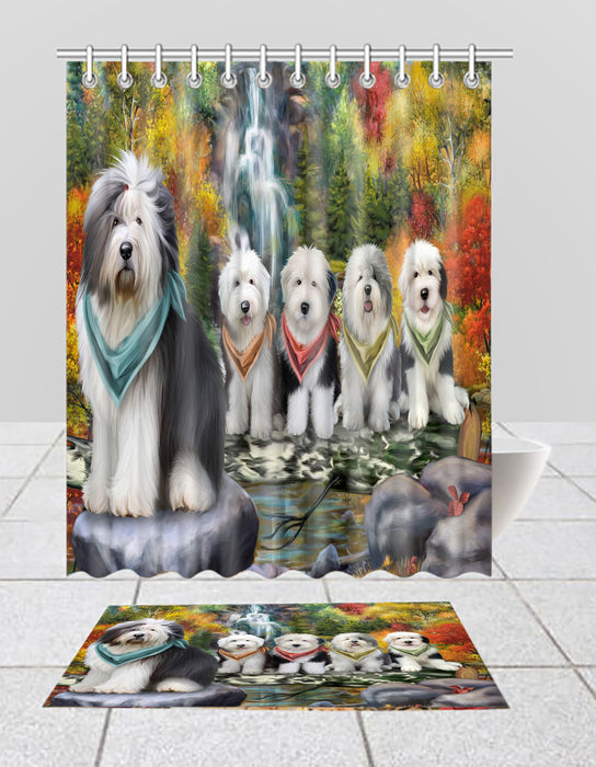 Scenic Waterfall Old English Sheepdogs Bath Mat and Shower Curtain Combo