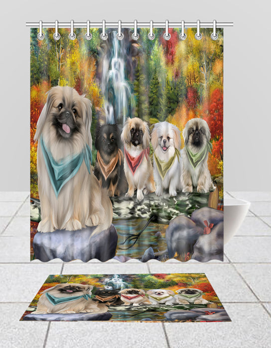 Scenic Waterfall Pekingese Dogs Bath Mat and Shower Curtain Combo
