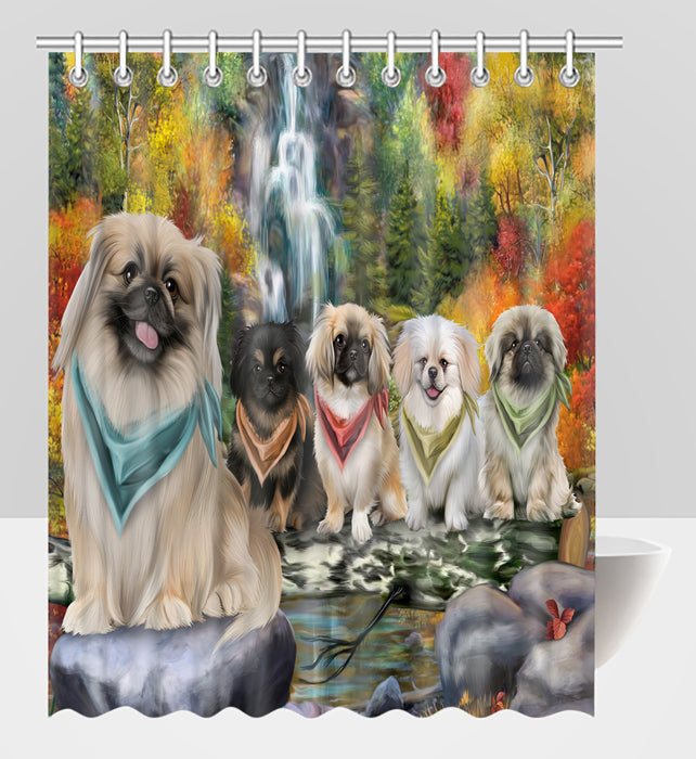 Scenic Waterfall Pekingese Dogs Shower Curtain