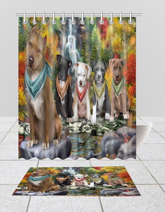Scenic Waterfall Pit Bull Dogs Bath Mat and Shower Curtain Combo