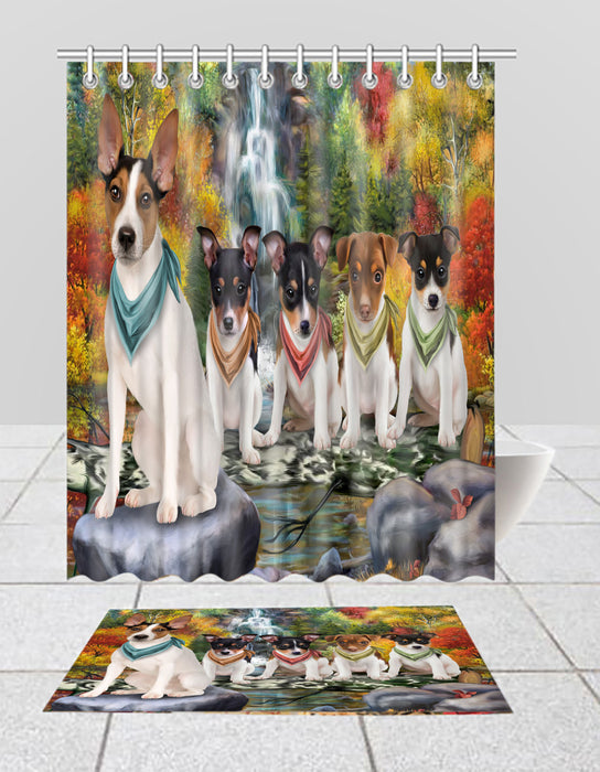 Scenic Waterfall Rat Terrier Dogs Bath Mat and Shower Curtain Combo