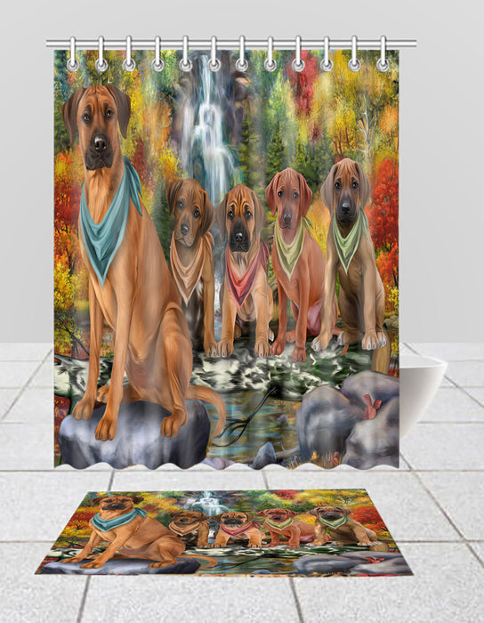 Scenic Waterfall Rhodesian Ridgeback Dogs Bath Mat and Shower Curtain Combo