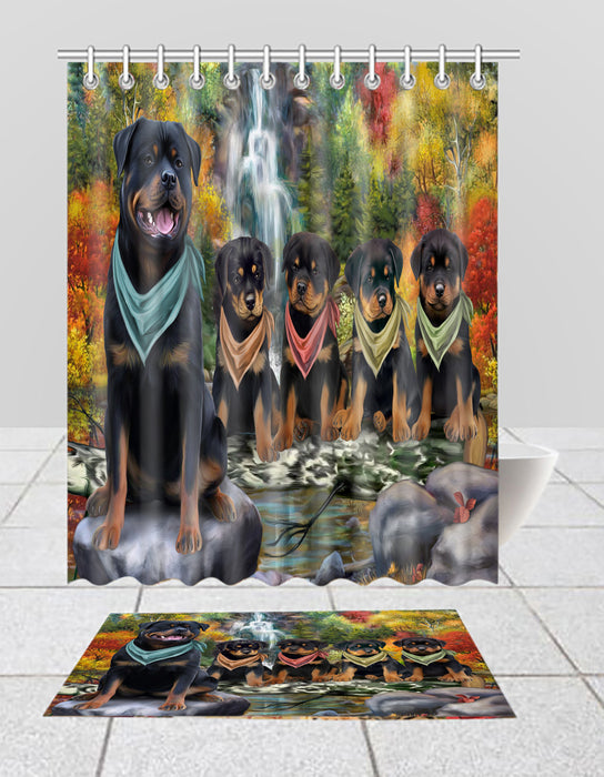Scenic Waterfall Rottweiler Dogs Bath Mat and Shower Curtain Combo