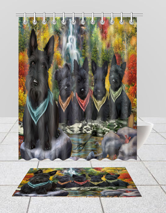 Scenic Waterfall Scottish Terrier Dogs Bath Mat and Shower Curtain Combo