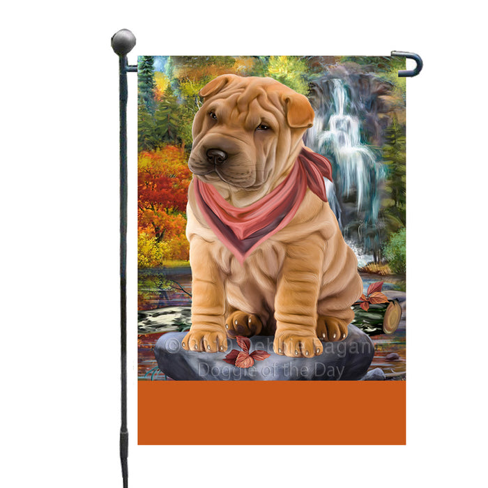 Personalized Scenic Waterfall Shar-Pei Dog Custom Garden Flags GFLG-DOTD-A61122