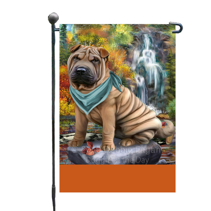 Personalized Scenic Waterfall Shar-Pei Dog Custom Garden Flags GFLG-DOTD-A61124