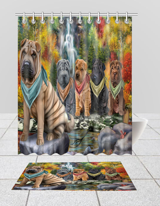 Scenic Waterfall Shar Pei Dogs Bath Mat and Shower Curtain Combo