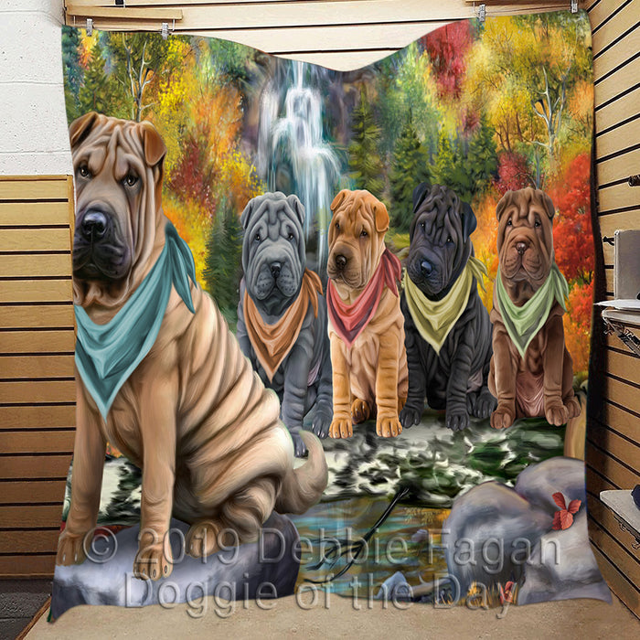 Scenic Waterfall Shar Pei Dogs Quilt