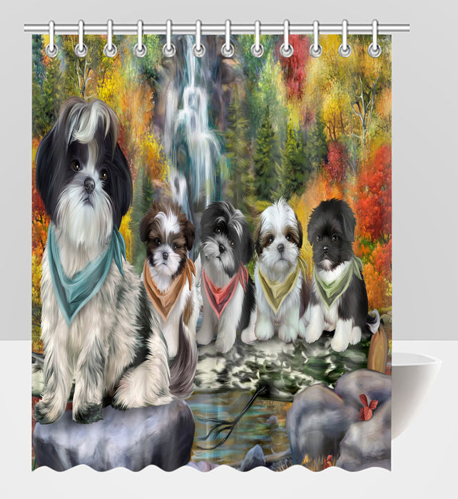 Scenic Waterfall Shih Tzu Dogs Shower Curtain