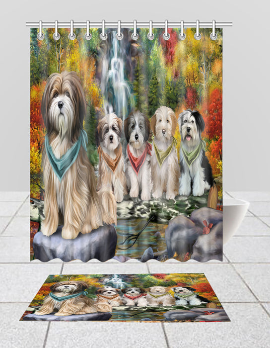 Scenic Waterfall Tibetan Terrier Dogs Bath Mat and Shower Curtain Combo