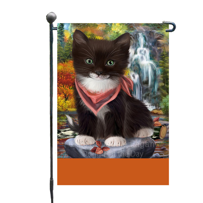 Personalized Scenic Waterfall Tuxedo Cat Custom Garden Flags GFLG-DOTD-A61161