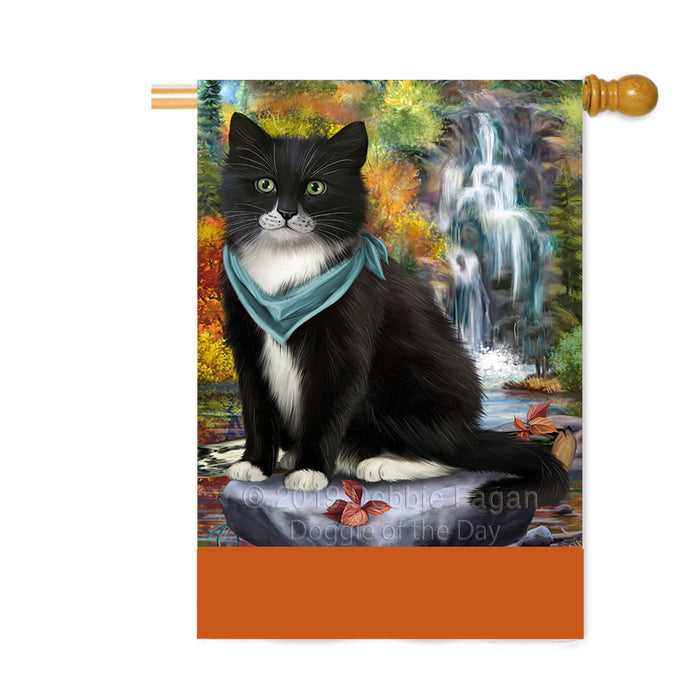 Personalized Scenic Waterfall Tuxedo Cat Custom House Flag FLG-DOTD-A61218