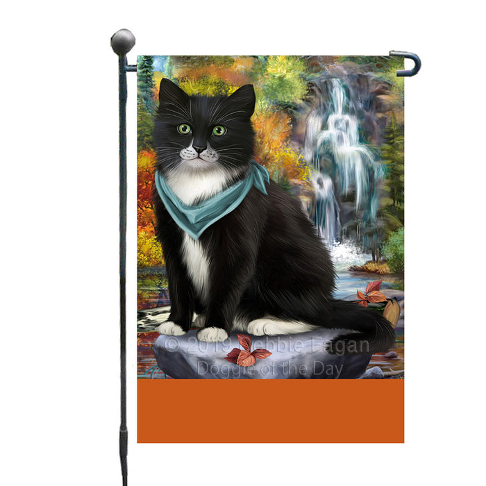 Personalized Scenic Waterfall Tuxedo Cat Custom Garden Flags GFLG-DOTD-A61162