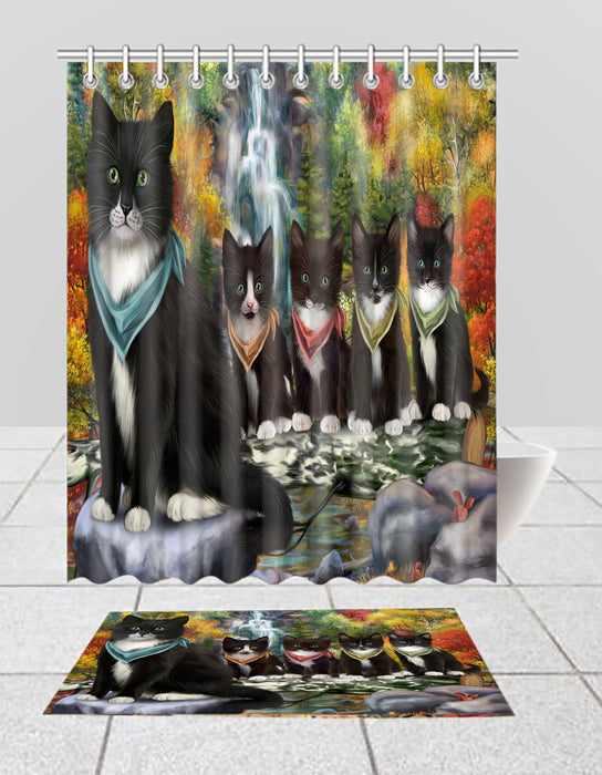 Scenic Waterfall Tuxedo Cats Bath Mat and Shower Curtain Combo