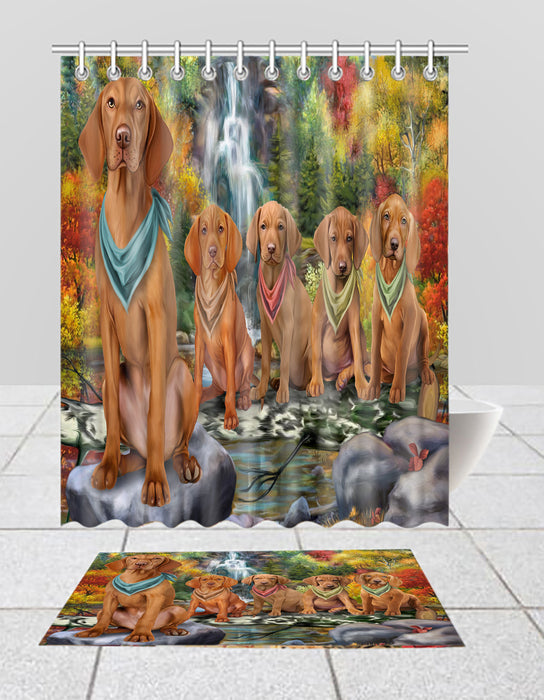 Scenic Waterfall Vizsla Dogs Bath Mat and Shower Curtain Combo