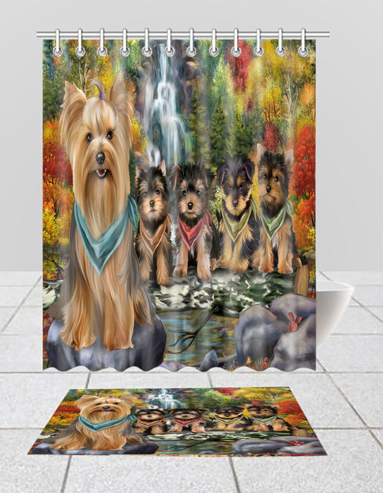 Scenic Waterfall Yorkshire Dogs Bath Mat and Shower Curtain Combo