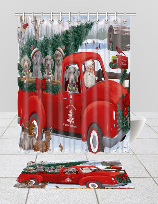 Christmas Santa Express Delivery Red Truck Weimaraner Dogs Bath Mat and Shower Curtain Combo