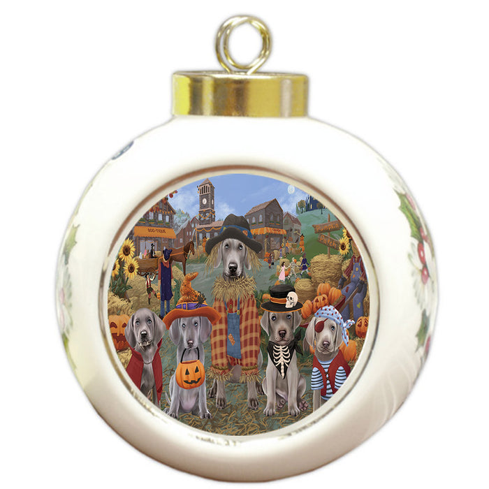 Halloween 'Round Town And Fall Pumpkin Scarecrow Both Weimaraner Dogs Round Ball Christmas Ornament RBPOR57618