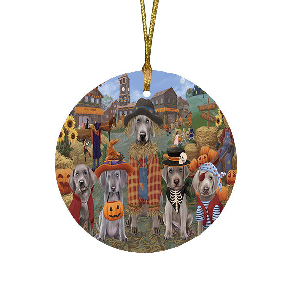 Halloween 'Round Town And Fall Pumpkin Scarecrow Both Weimaraner Dogs Round Flat Christmas Ornament RFPOR57618