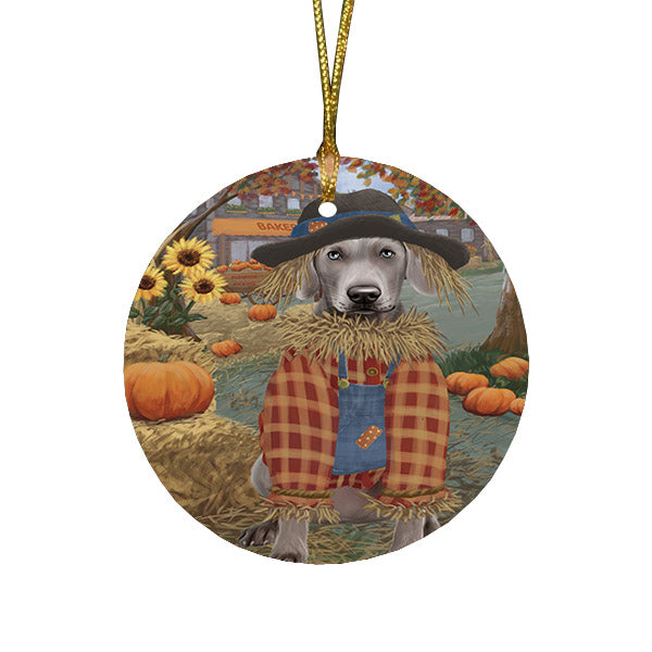 Halloween 'Round Town And Fall Pumpkin Scarecrow Both Weimaraner Dog Round Flat Christmas Ornament RFPOR57679