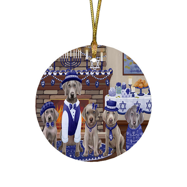 Happy Hanukkah Family and Happy Hanukkah Both Weimaraner Dogs Round Flat Christmas Ornament RFPOR57648