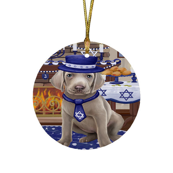Happy Hanukkah Family and Happy Hanukkah Both Weimaraner Dog Round Flat Christmas Ornament RFPOR57709