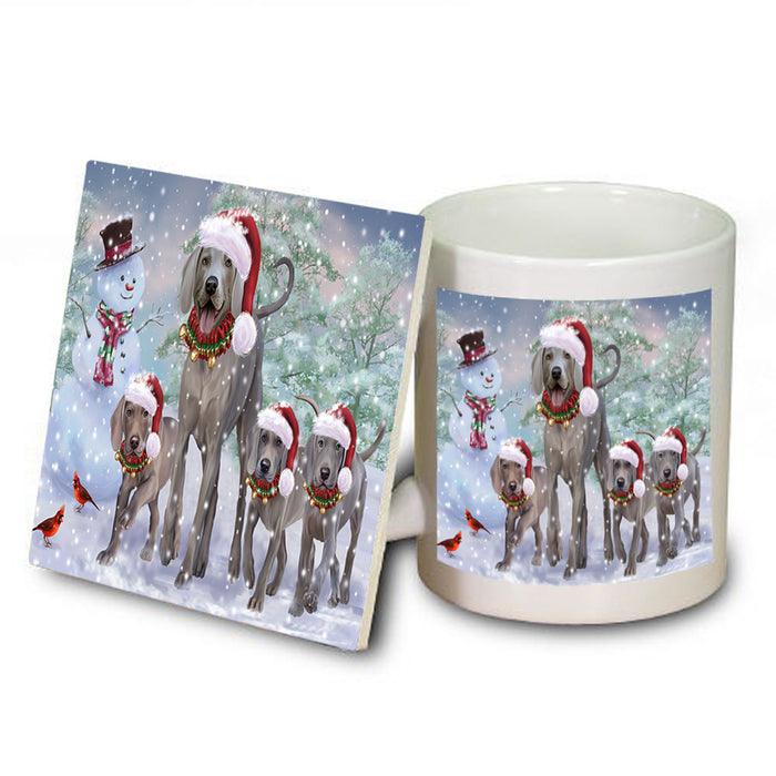 Christmas Running Family Dogs Weimaraners Dog Mug and Coaster Set MUC54220