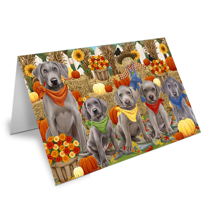 Fall Festive Gathering Weimaraners Dog with Pumpkins Handmade Artwork Assorted Pets Greeting Cards and Note Cards with Envelopes for All Occasions and Holiday Seasons GCD56462