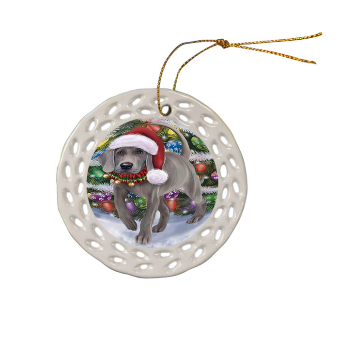 Trotting in the Snow Weimaraner Dog Ceramic Doily Ornament DPOR54729
