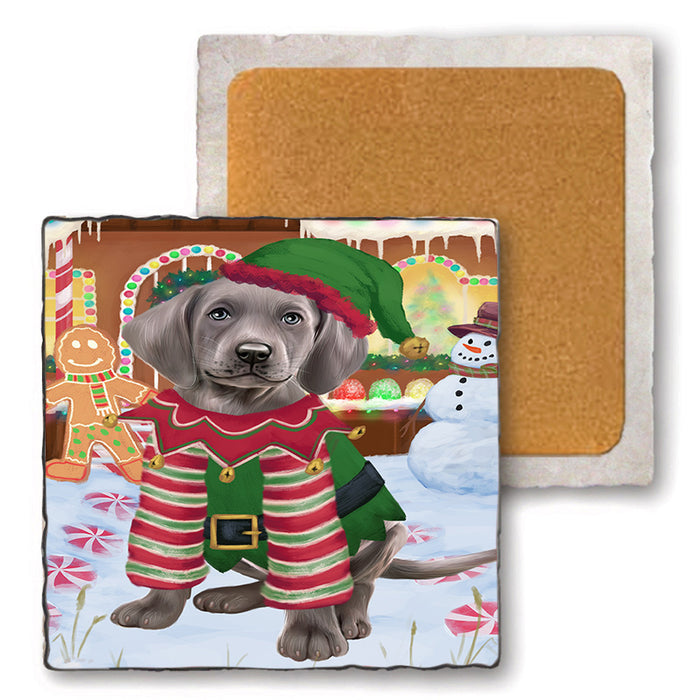 Christmas Gingerbread House Candyfest Weimaraner Dog Set of 4 Natural Stone Marble Tile Coasters MCST51588
