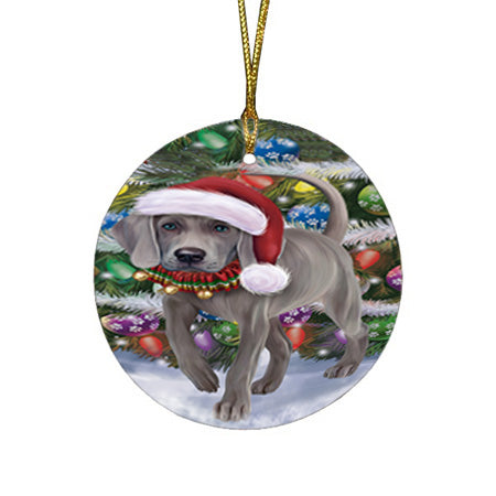 Trotting in the Snow Weimaraner Dog Round Flat Christmas Ornament RFPOR54720