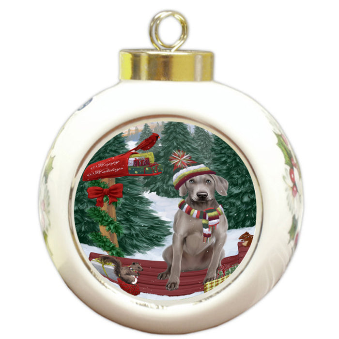 Merry Christmas Woodland Sled Weimaraner Dog Round Ball Christmas Ornament RBPOR55421