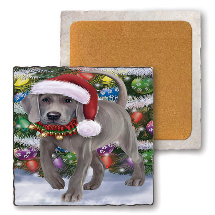 Trotting in the Snow Weimaraner Dog Set of 4 Natural Stone Marble Tile Coasters MCST49601