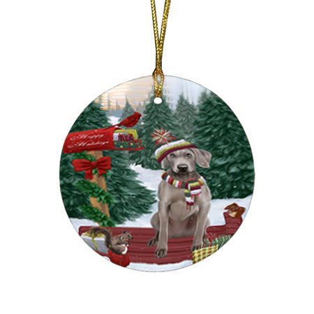 Merry Christmas Woodland Sled Weimaraner Dog Round Flat Christmas Ornament RFPOR55421