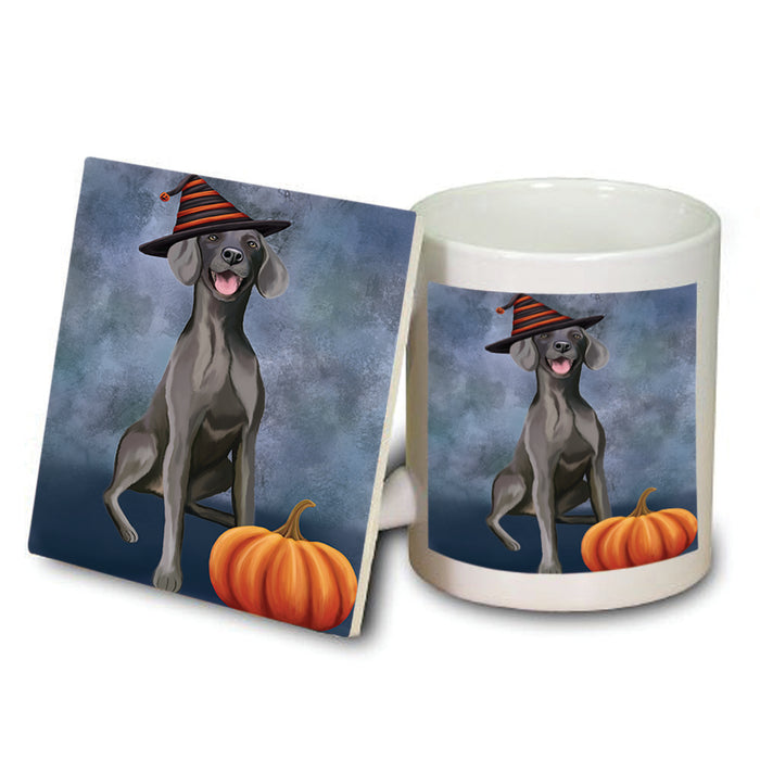 Happy Halloween Weimaraner Dog Wearing Witch Hat with Pumpkin Mug and Coaster Set MUC54825