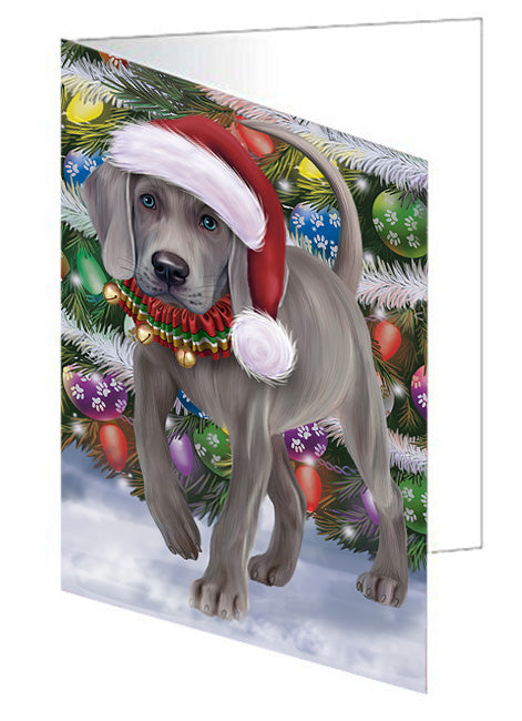Trotting in the Snow Weimaraner Dog Handmade Artwork Assorted Pets Greeting Cards and Note Cards with Envelopes for All Occasions and Holiday Seasons GCD68216